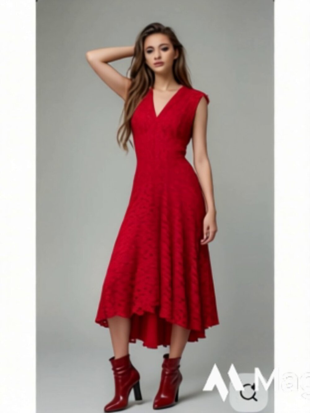 Red Lace V Neck Dress